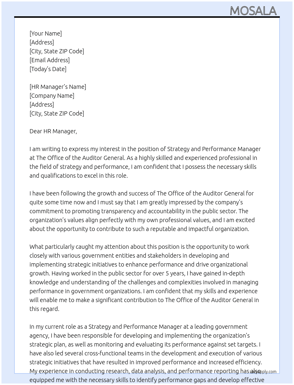 Strategy and performance manager At The office of the auditor general  Cover Letter