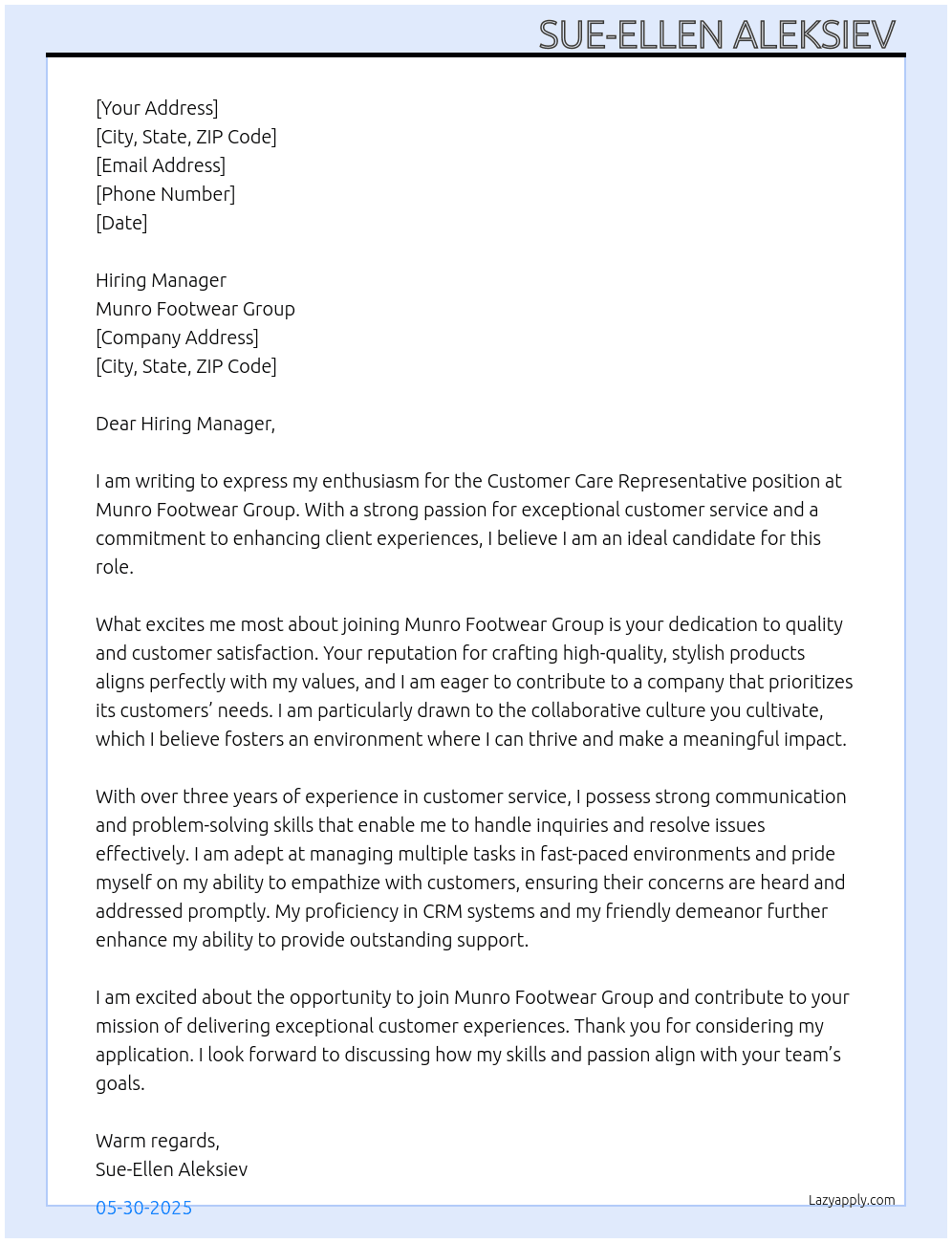 Cover letter for customer care representative - LazyApply