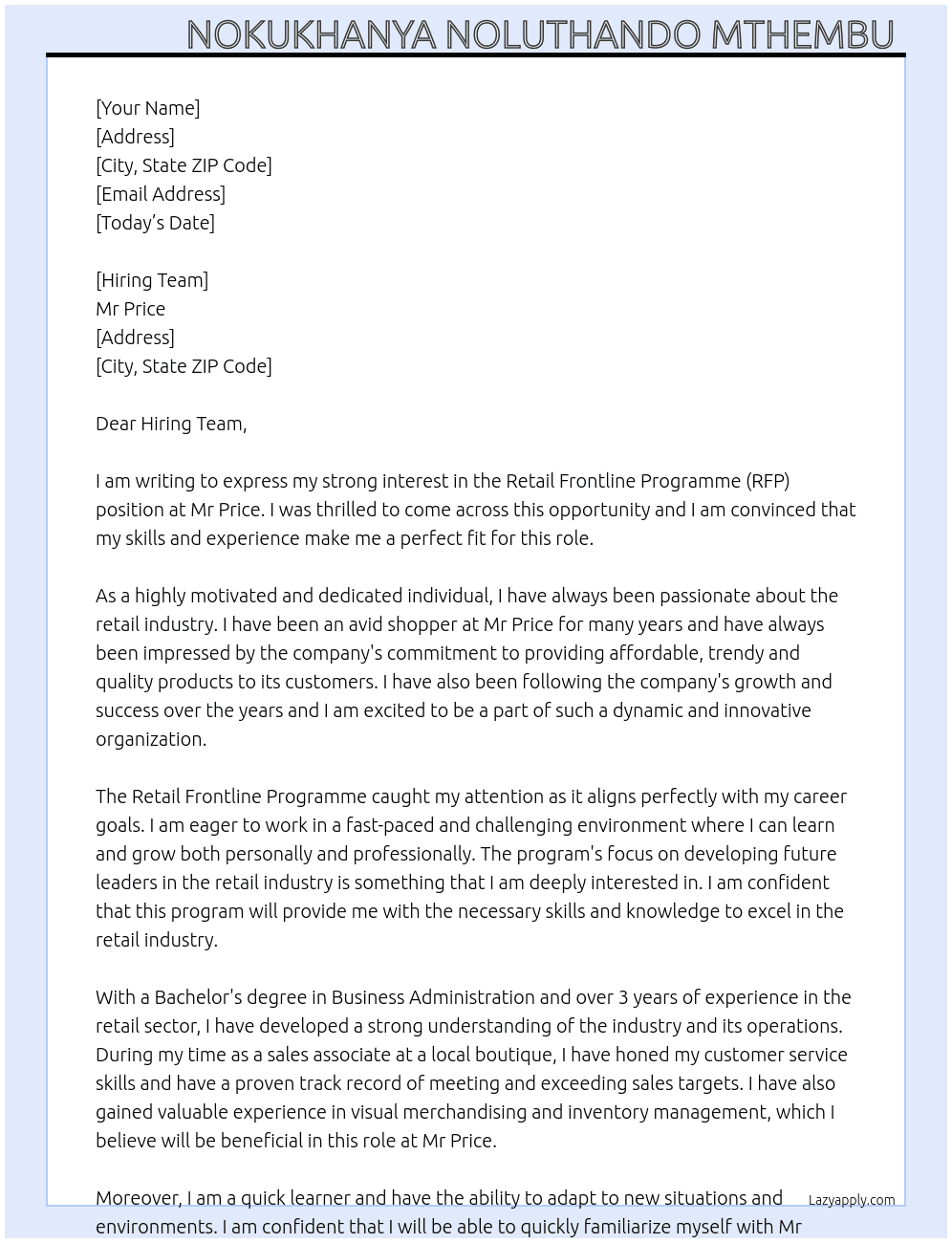 Retail Frontline Programme (RFP) At Mr Price Cover Letter