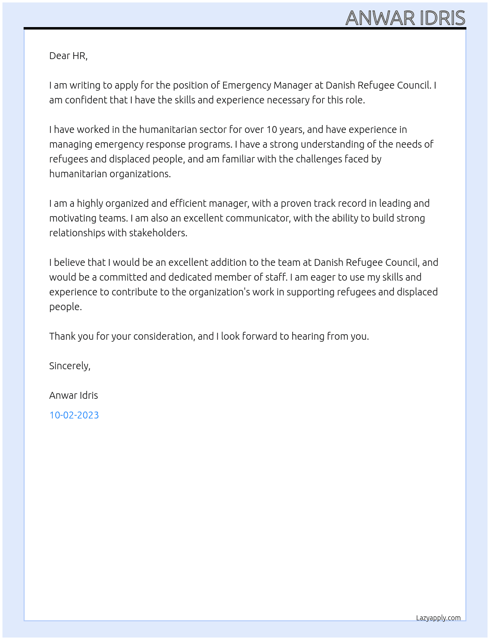 Emergency Manager At Danish Refugee Council  Cover Letter