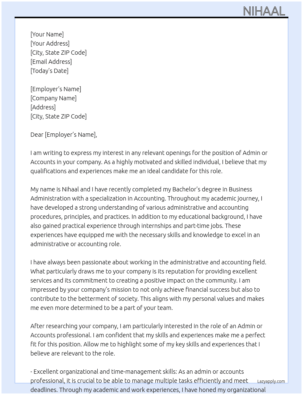 Any Relevant openings in admin or accounts At Nihaal  Cover Letter