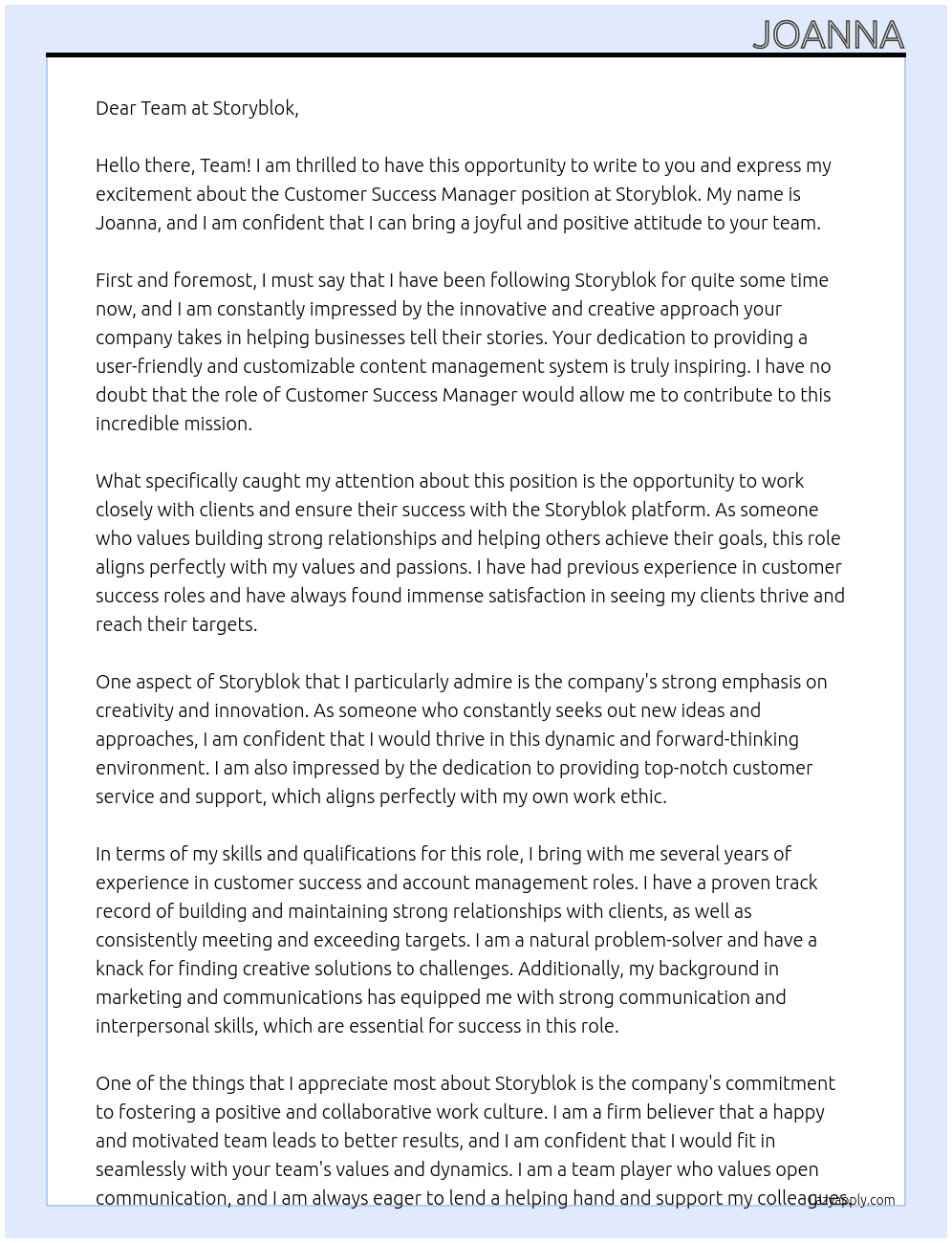 Customer success manager  At Storyblok Cover Letter