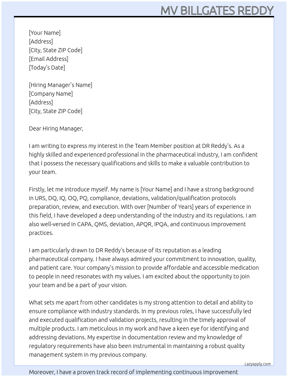 Team member Qualification  At DR Reddy's  Cover Letter
