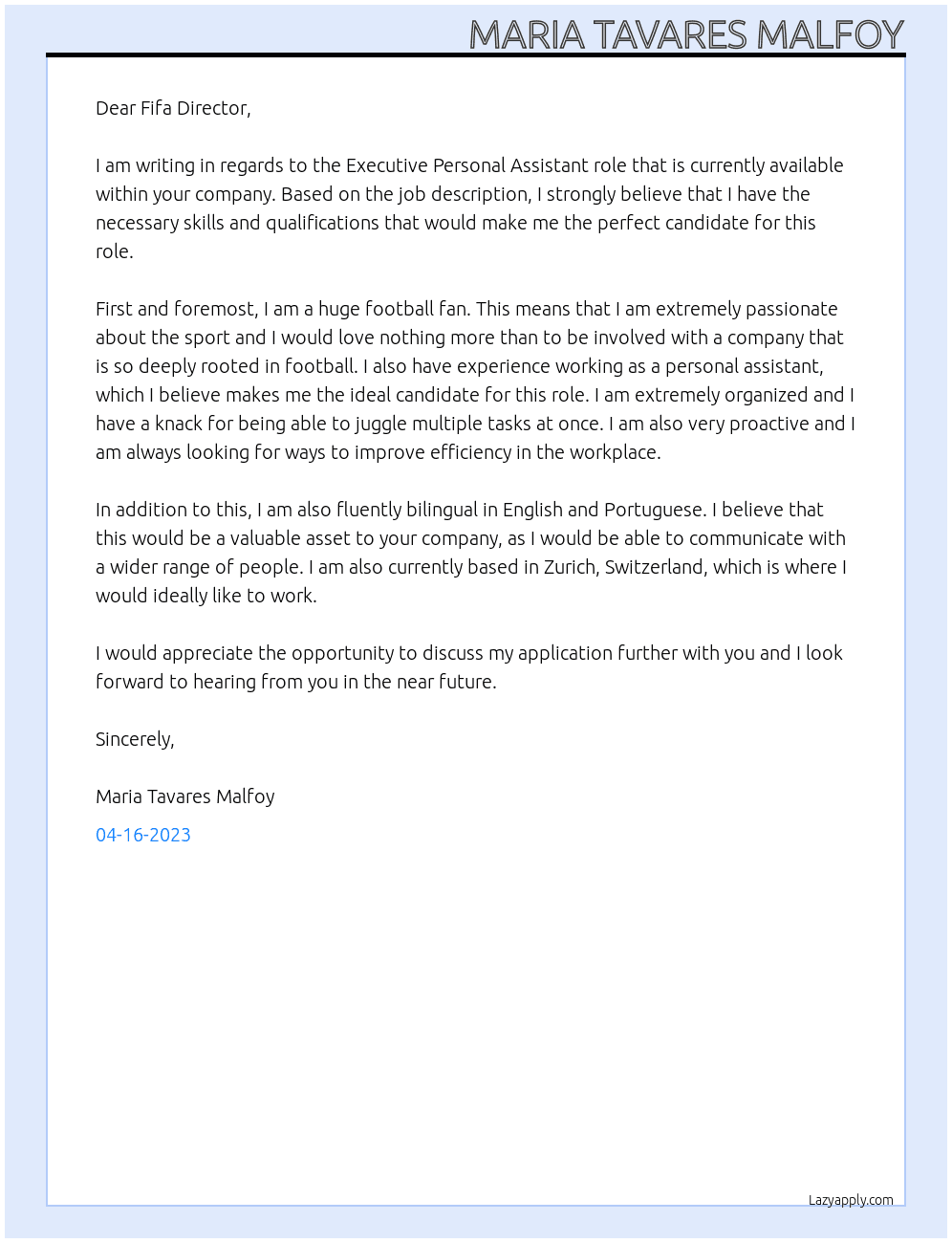 Executive Personnal Assistant At Fifa Cover Letter
