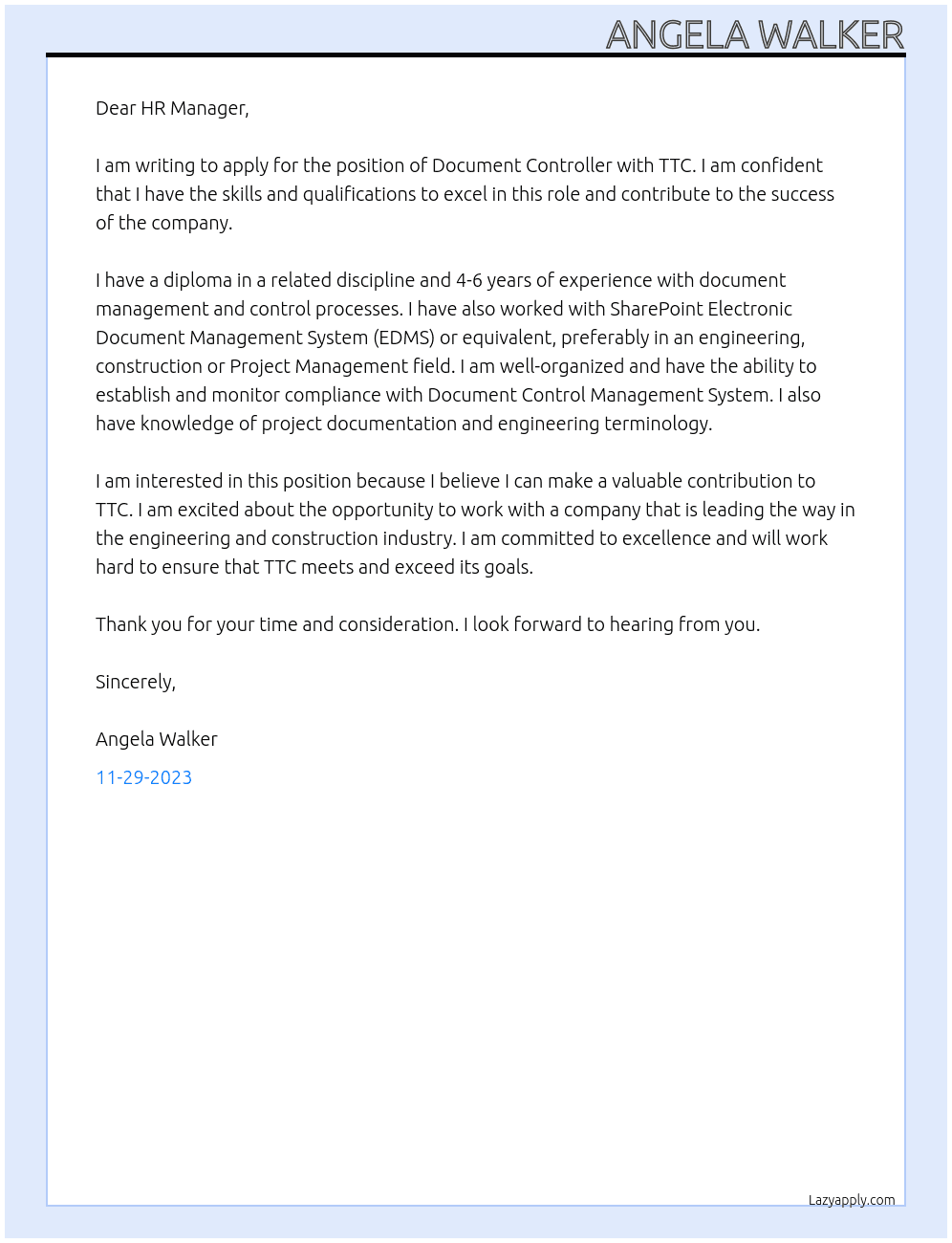 Document controller At TTC Cover Letter