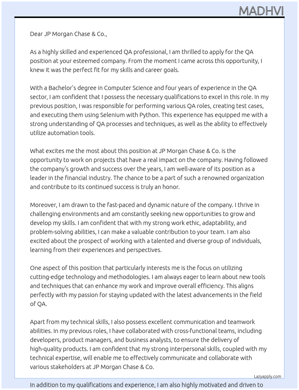 QA At JP Morgan Cover Letter
