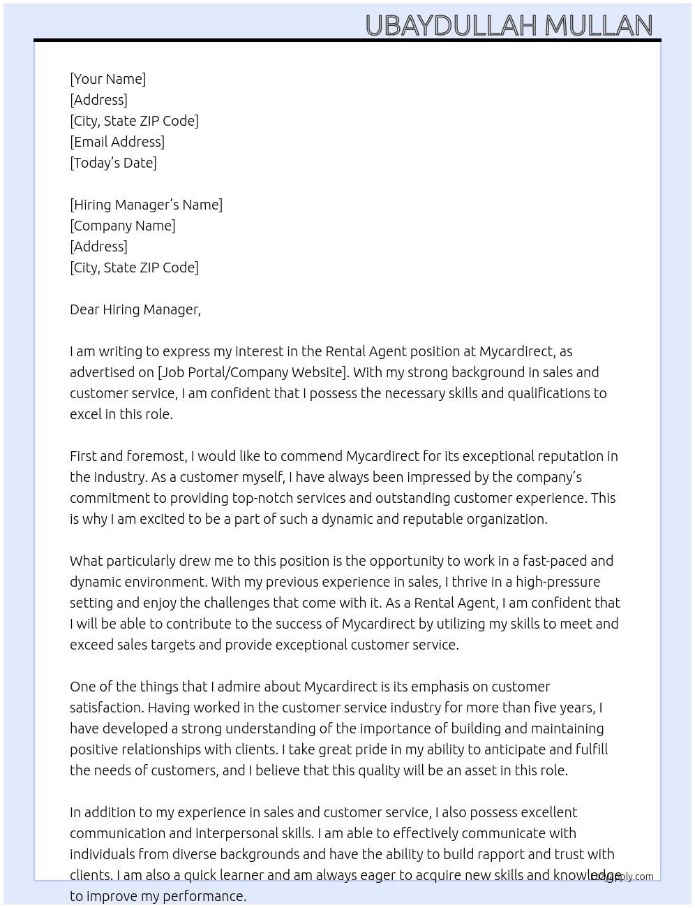 Rental agent  At Mycardirect Cover Letter