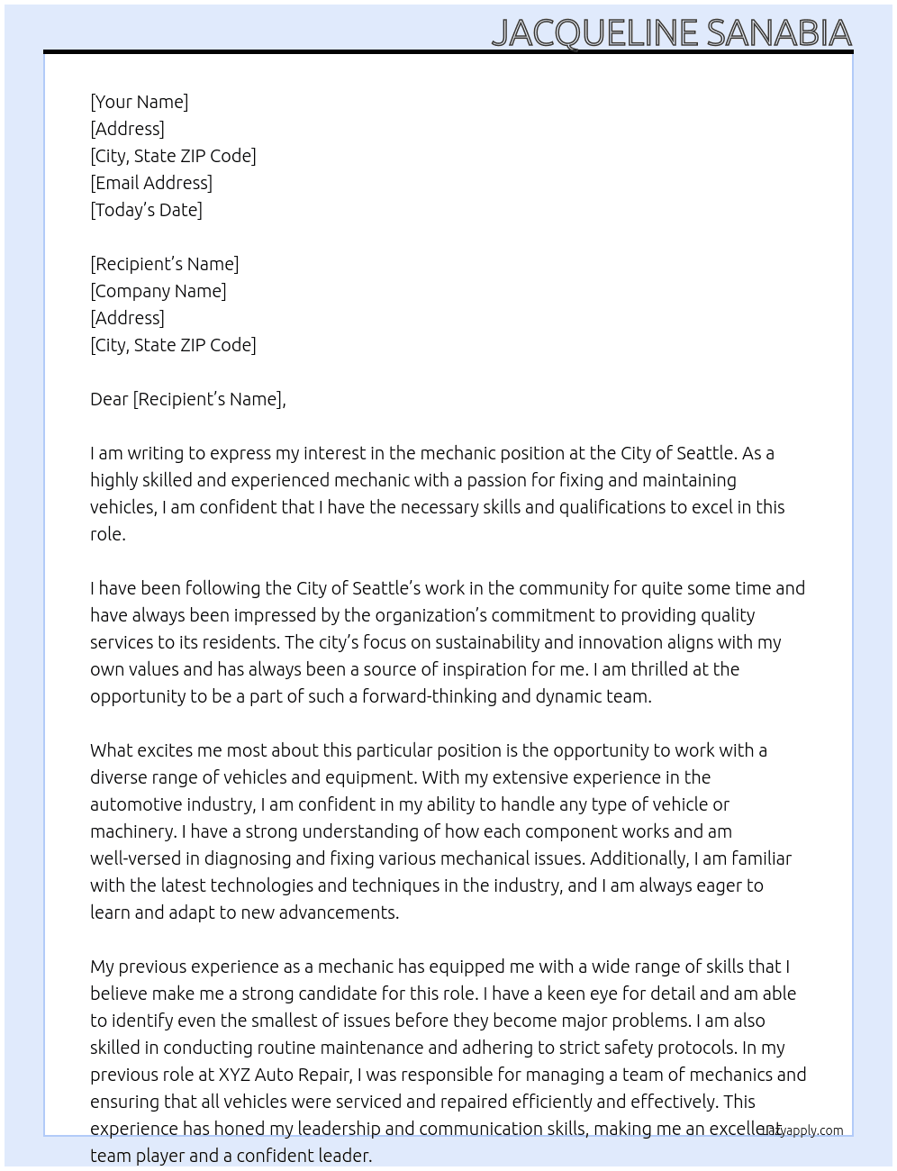mechanic At City of seattle Cover Letter