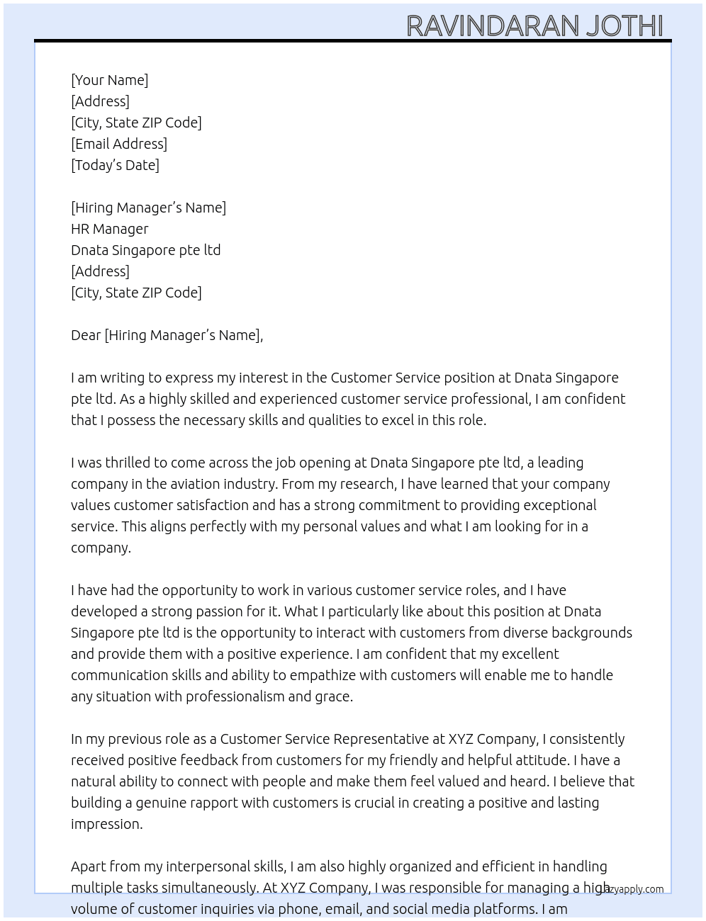 Customer service  At Dnata Singapore pte ltd Cover Letter