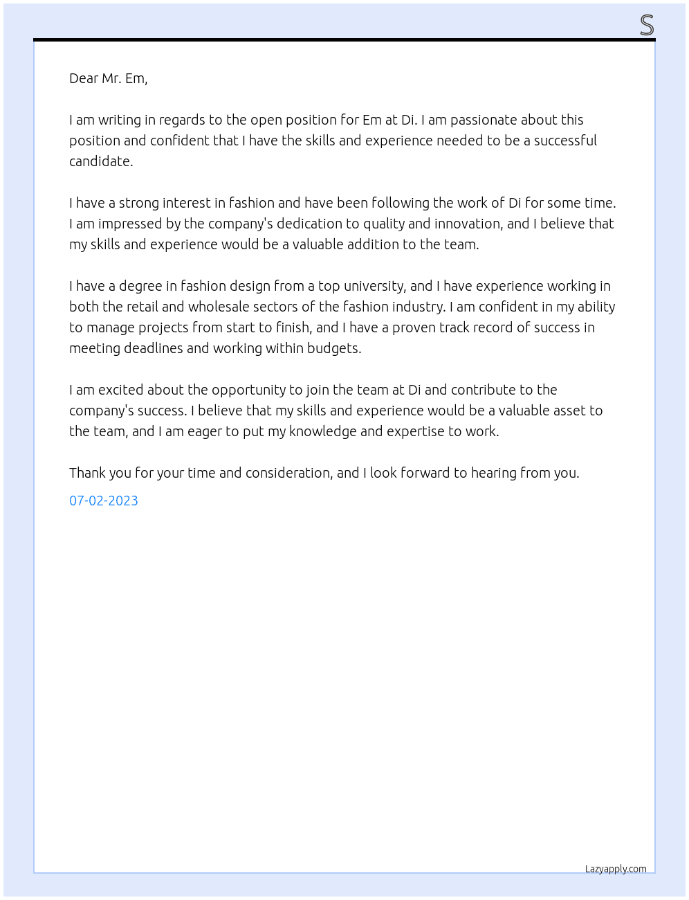 Em At Di Cover Letter