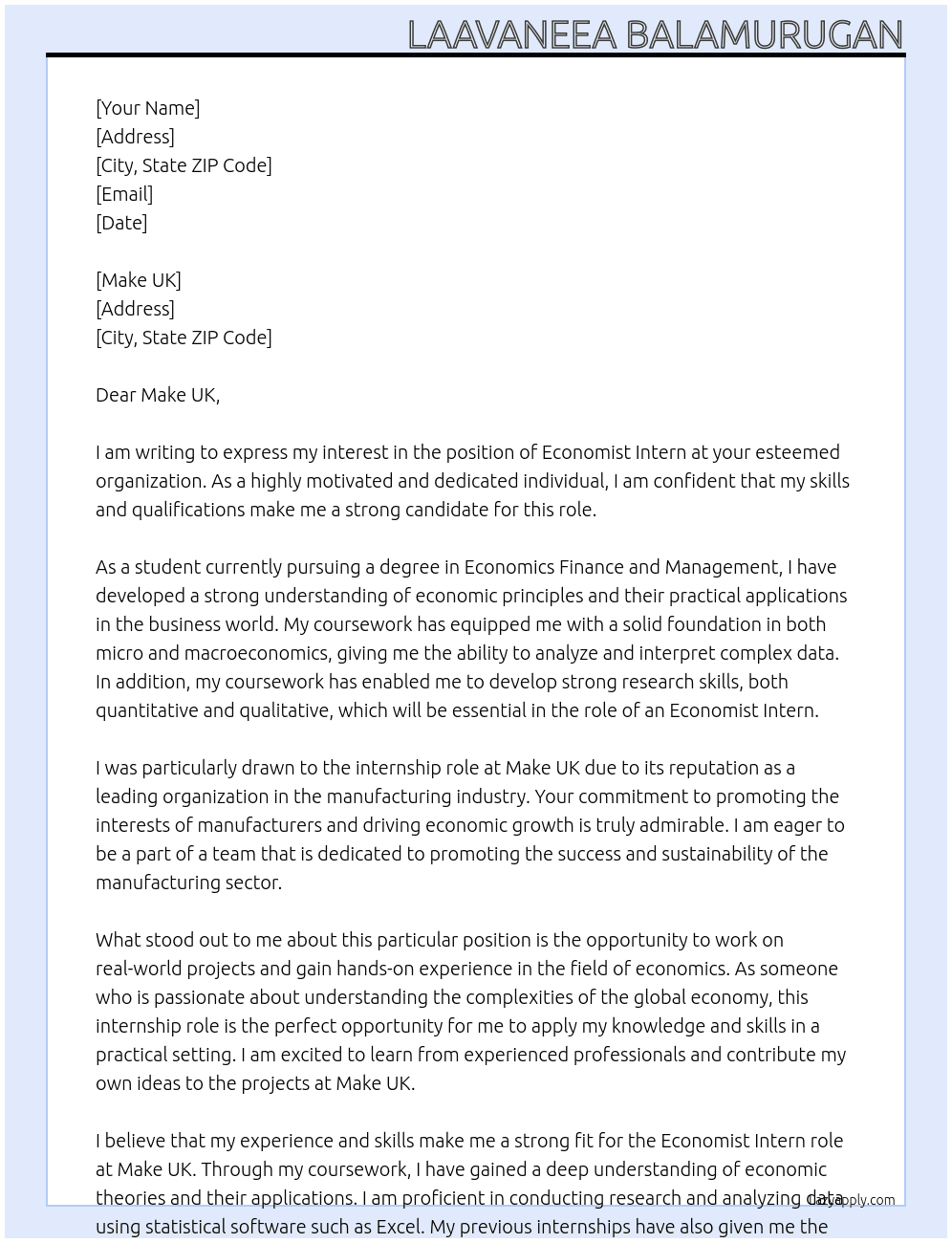 Economist Intern  At Make UK Cover Letter