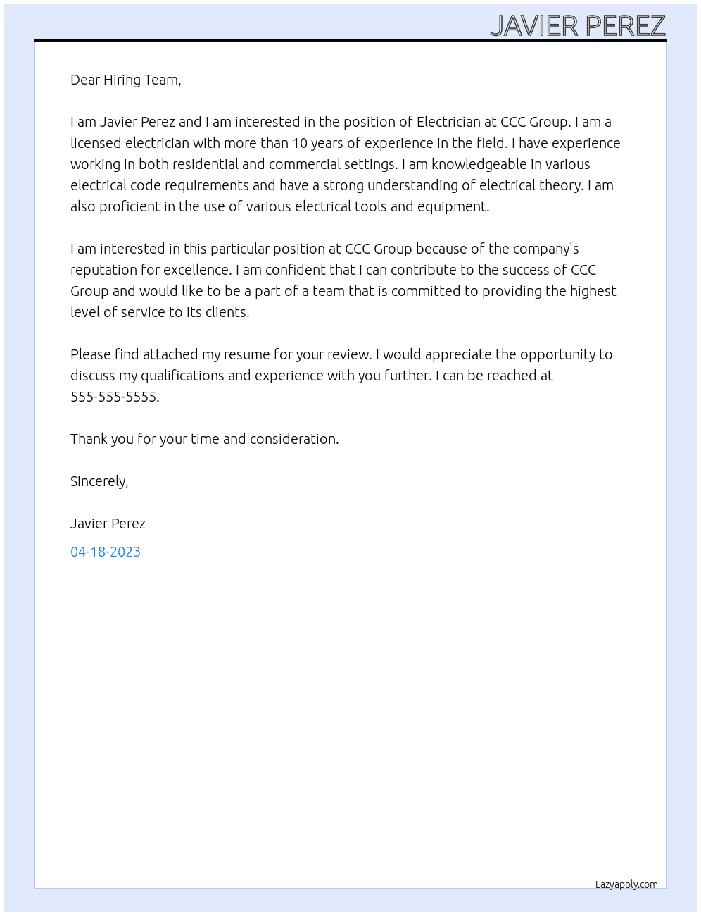 Electrician At CCC Group Cover Letter