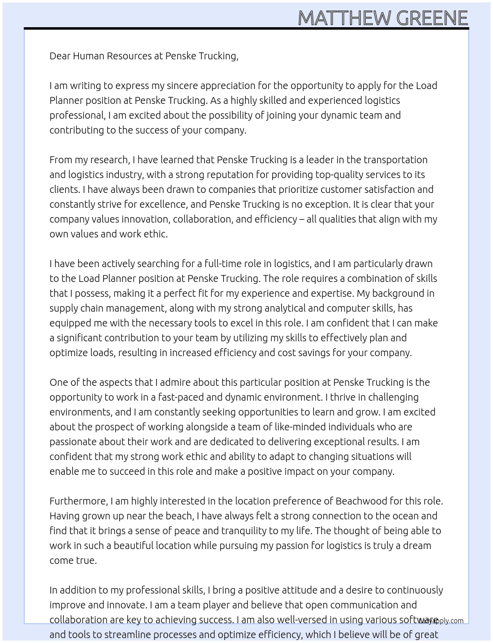 Load Planner At Penske Trucking Cover Letter