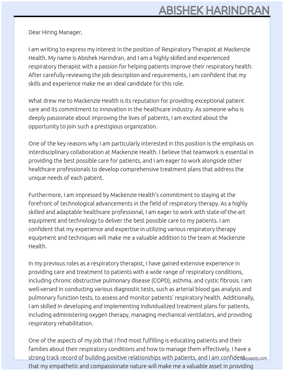 Respiratory Therapist At Mackenzie Health Cover Letter