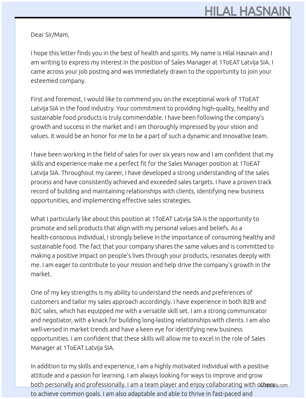 Sales Manager At 1ToEAT Latvija SIA Cover Letter