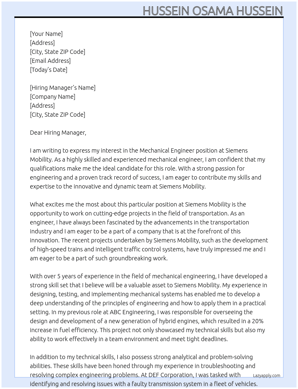 Mechanical Engineer At Siemens mobility Cover Letter