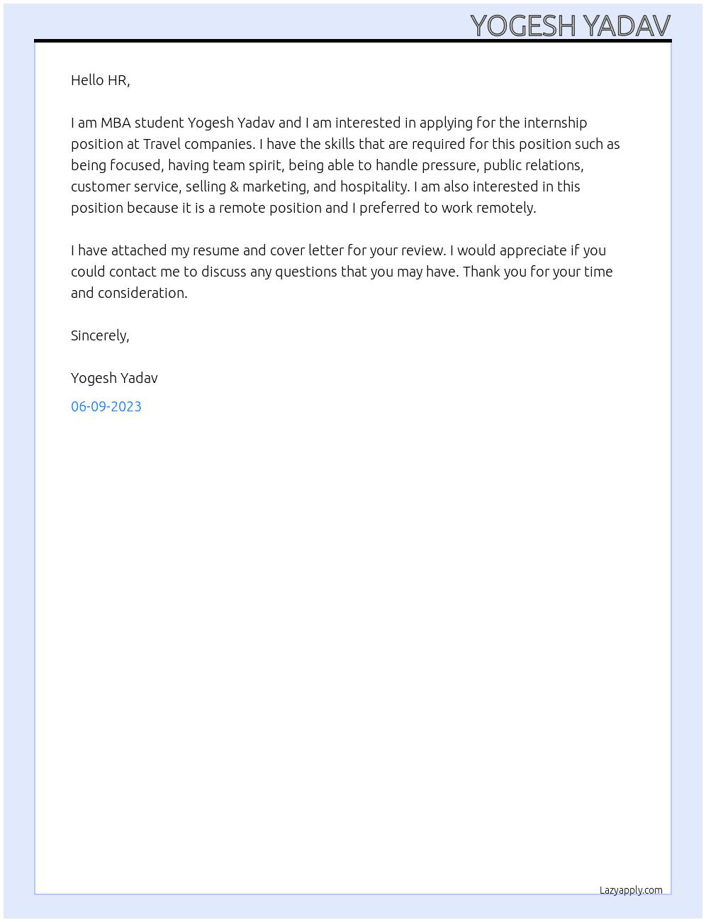 Mba student  At Travel companies  Cover Letter