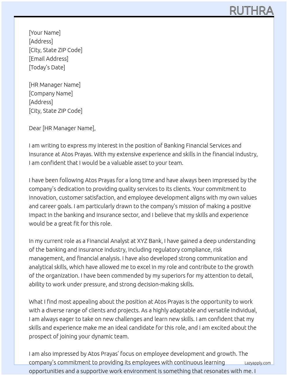 Banking financial services and insurance At Atos prayas Cover Letter