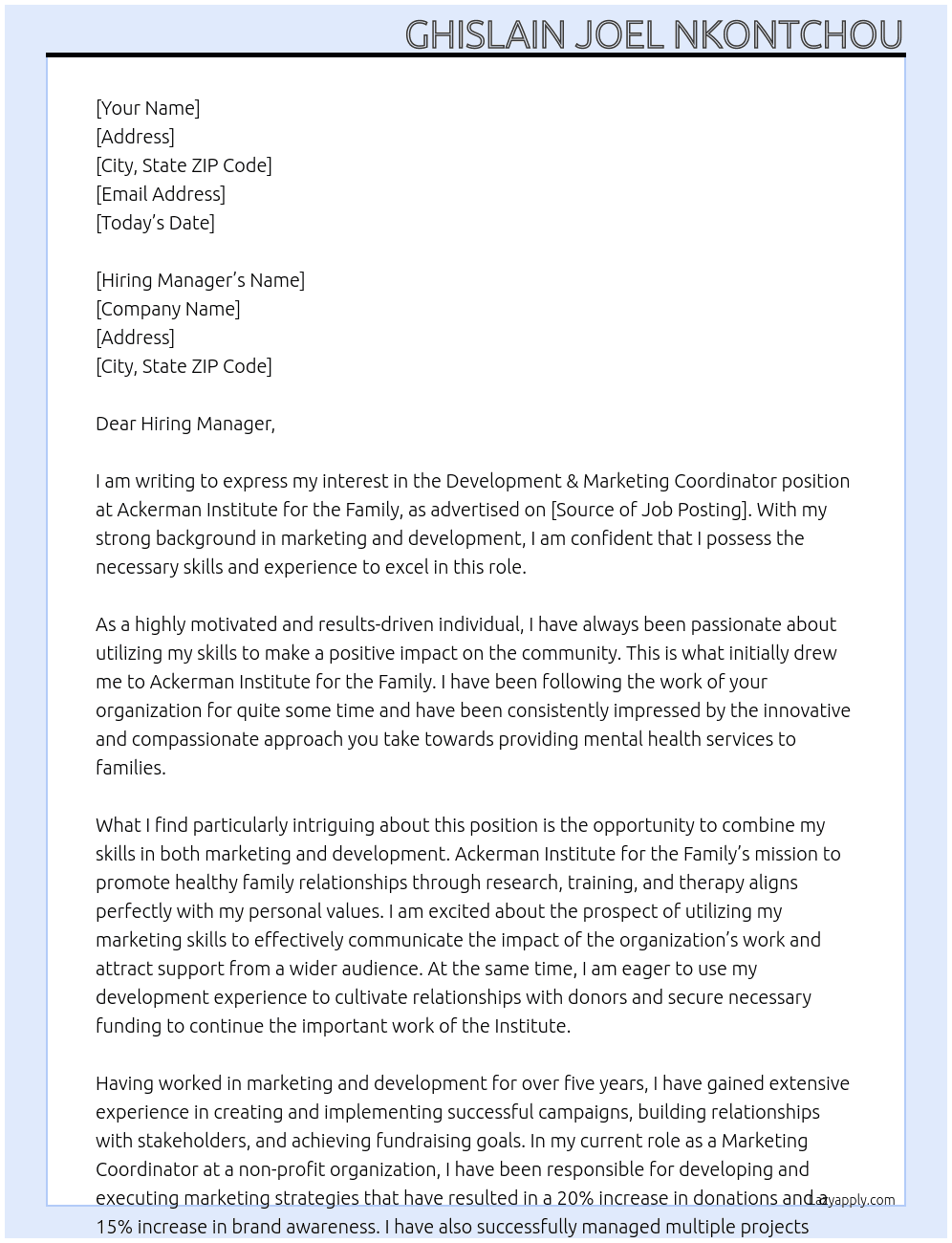 Development & Marketing Coordinator At Ackerman Institute for the Family Cover Letter