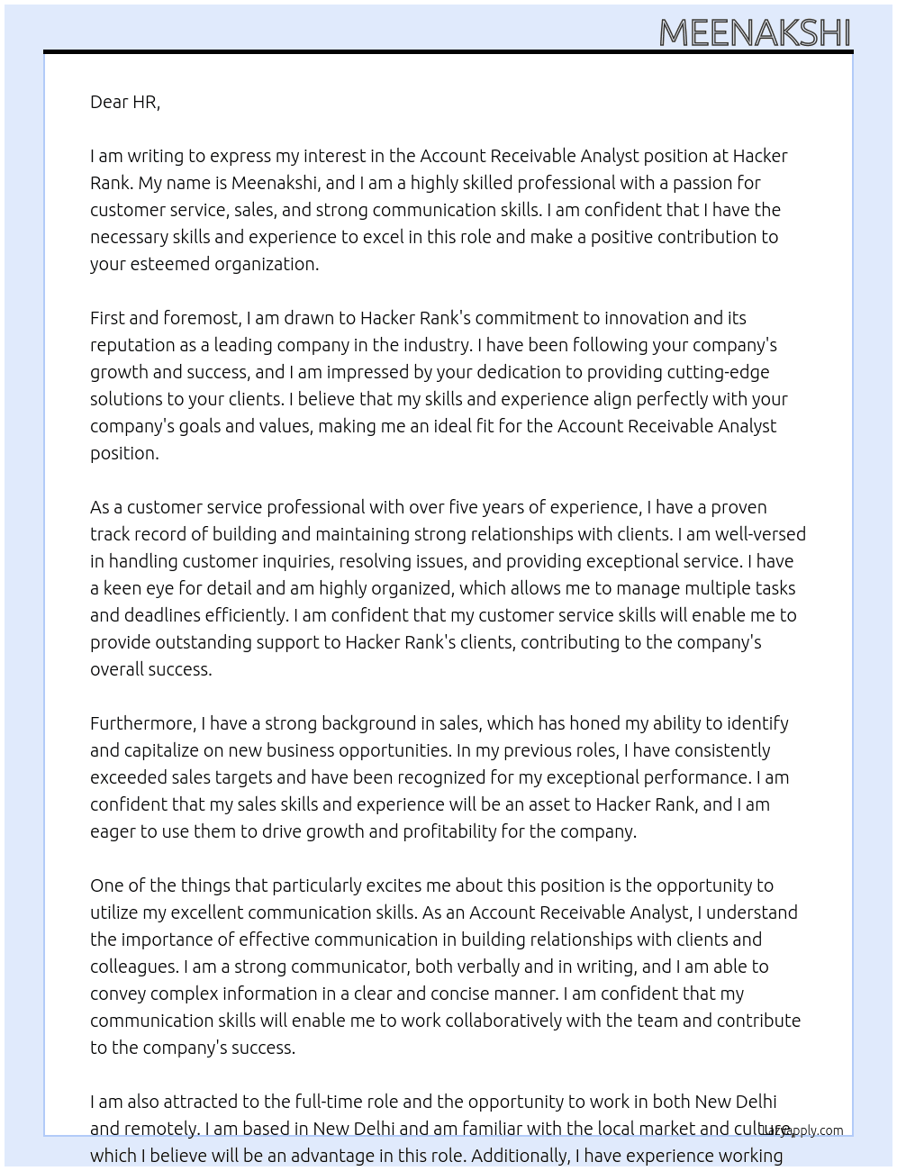 Account receivable analyst At Hacker Rank Cover Letter