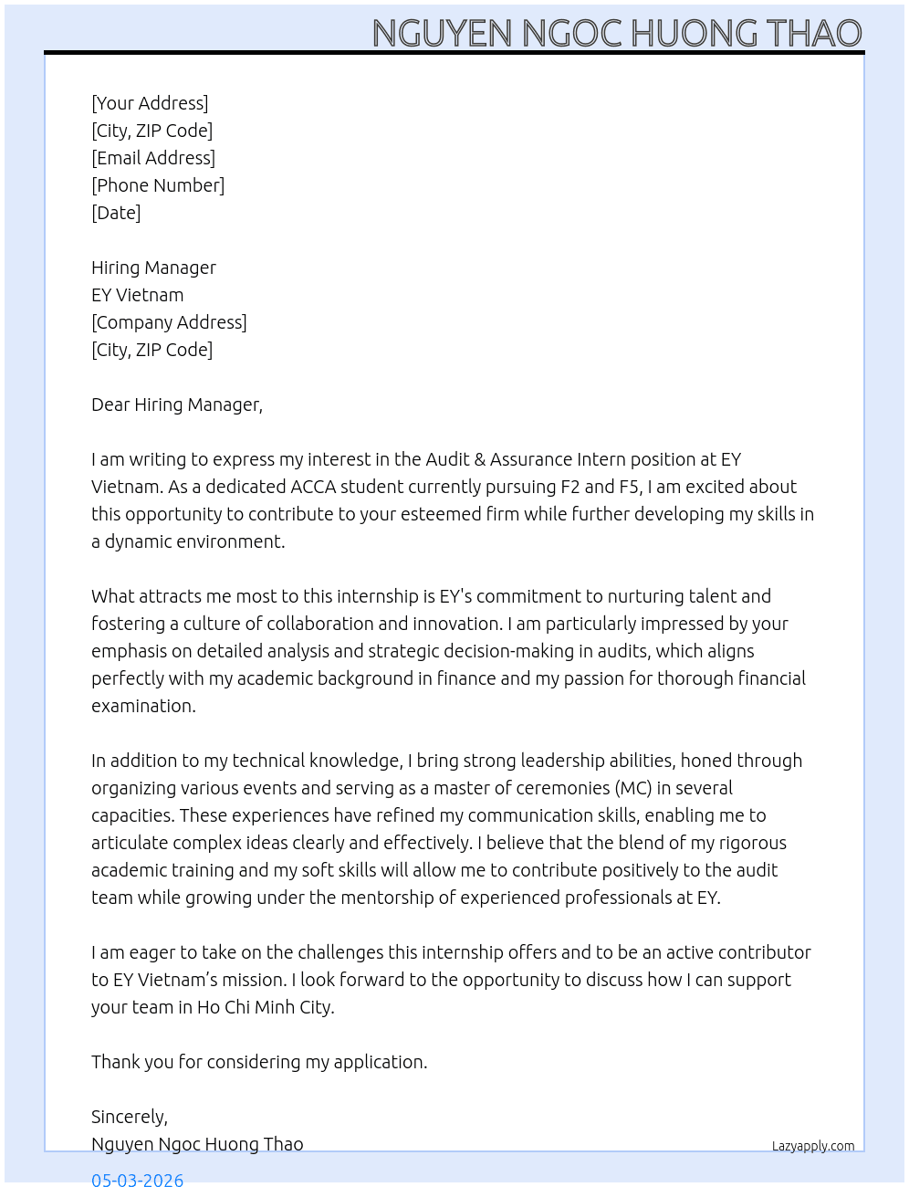 Audit & Assurance Intern At EY Vietnam Cover Letter