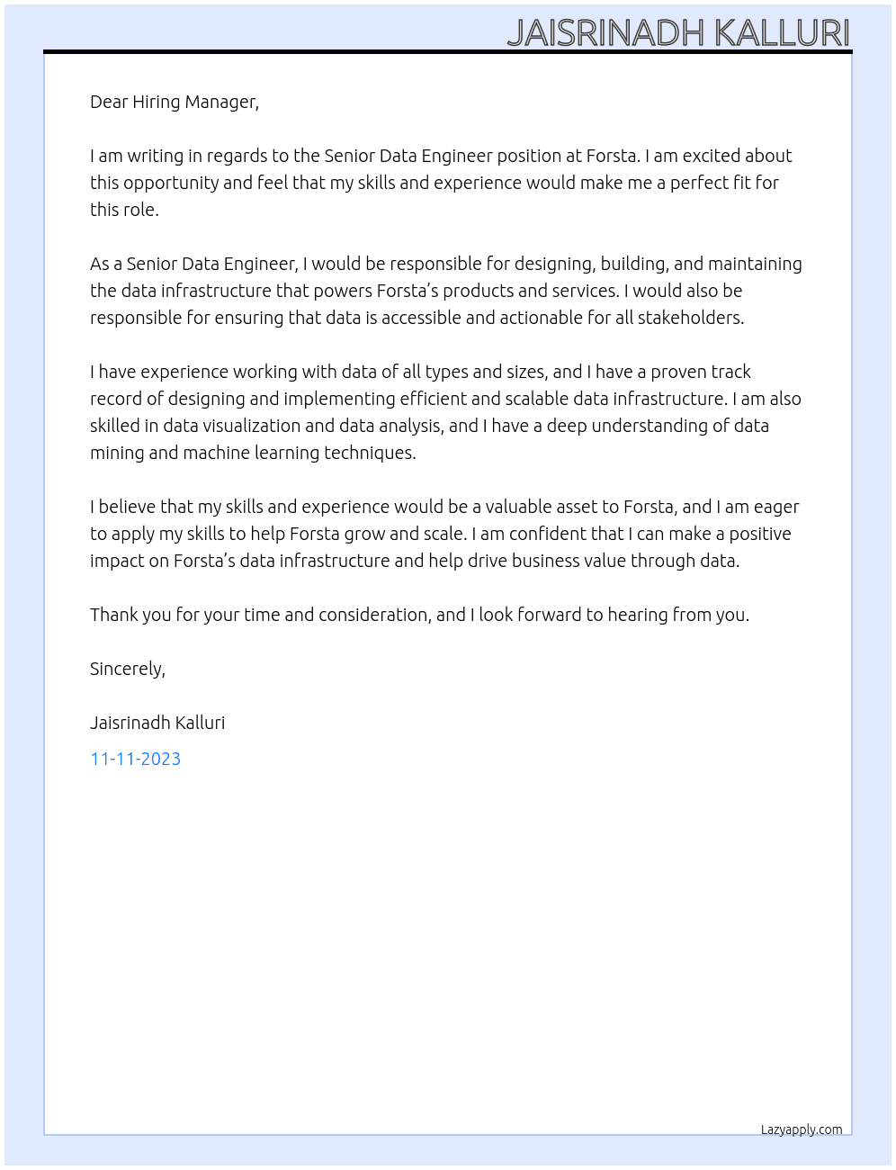 Senior Data Engineer At Forsta Cover Letter