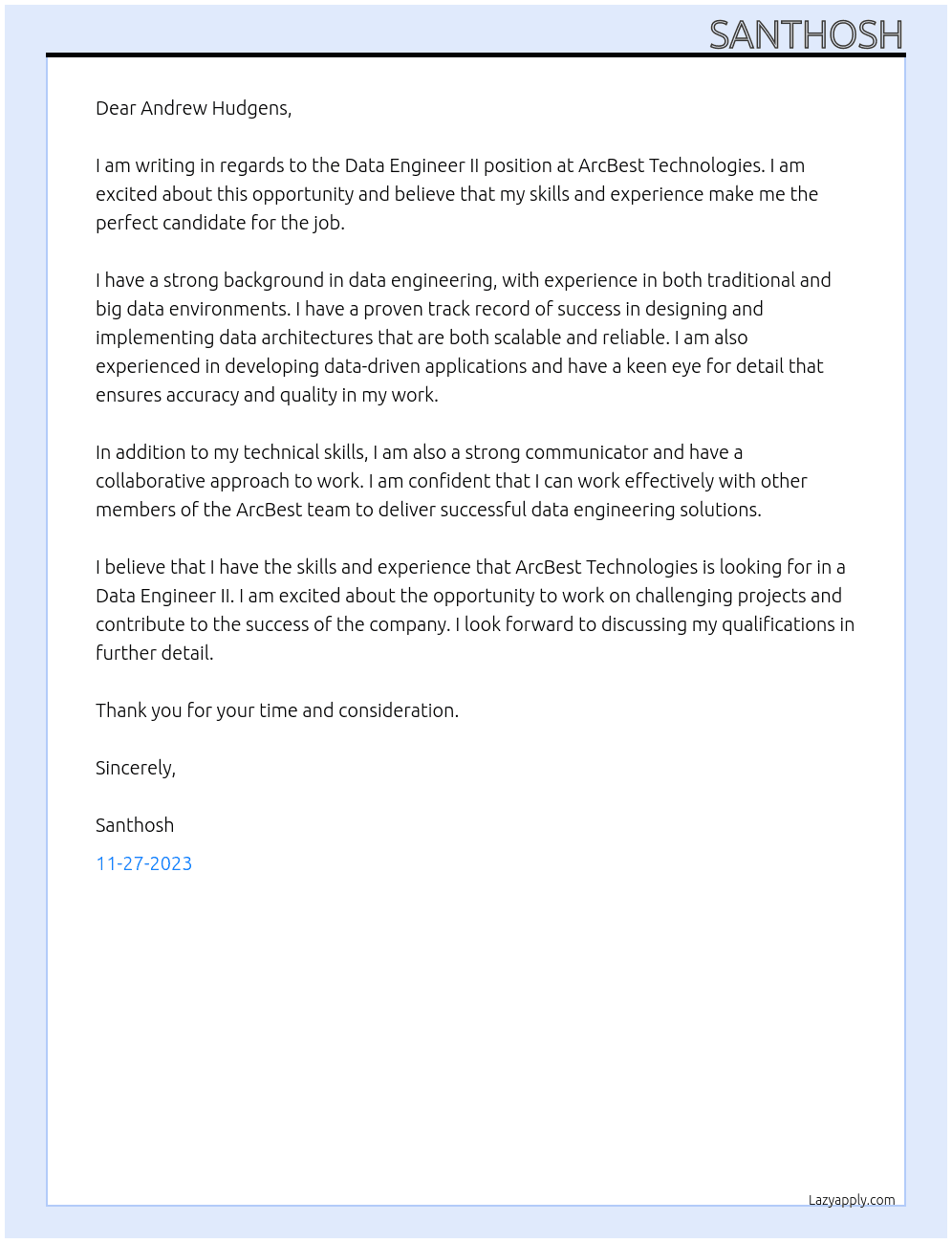 Data Engineer II At ArcBest Technologies Cover Letter