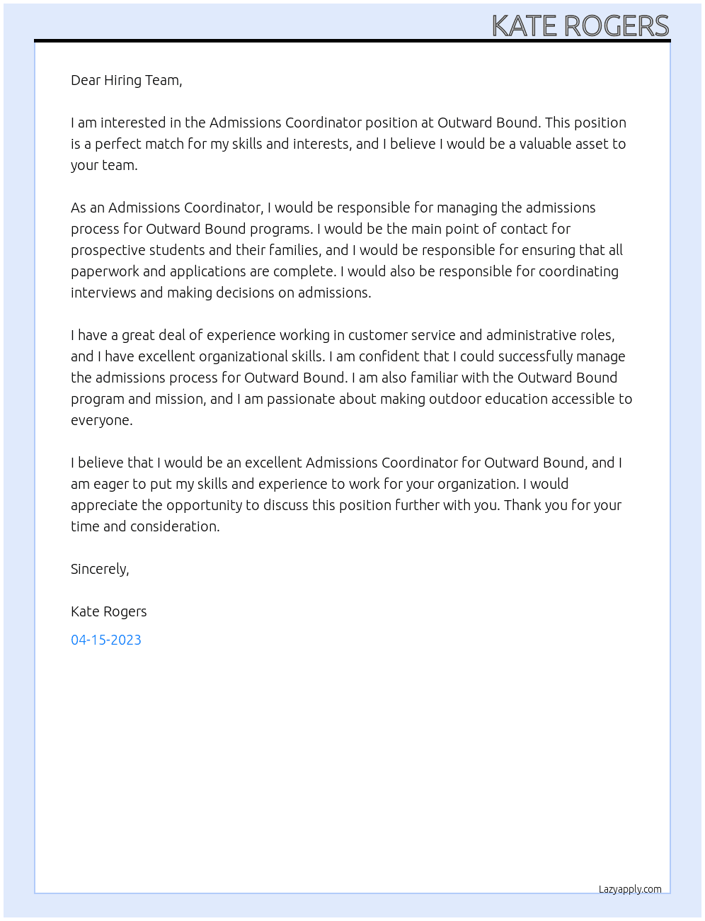 Admissions Coordinator At Outward Bound Cover Letter