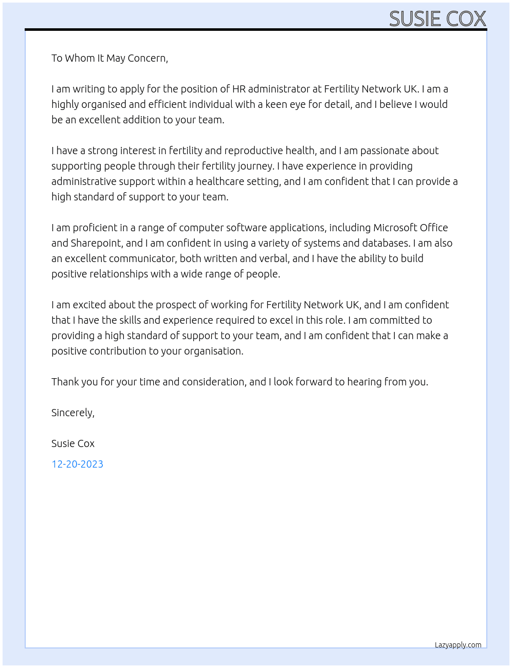 HR administrator  At Fertility network UK Cover Letter