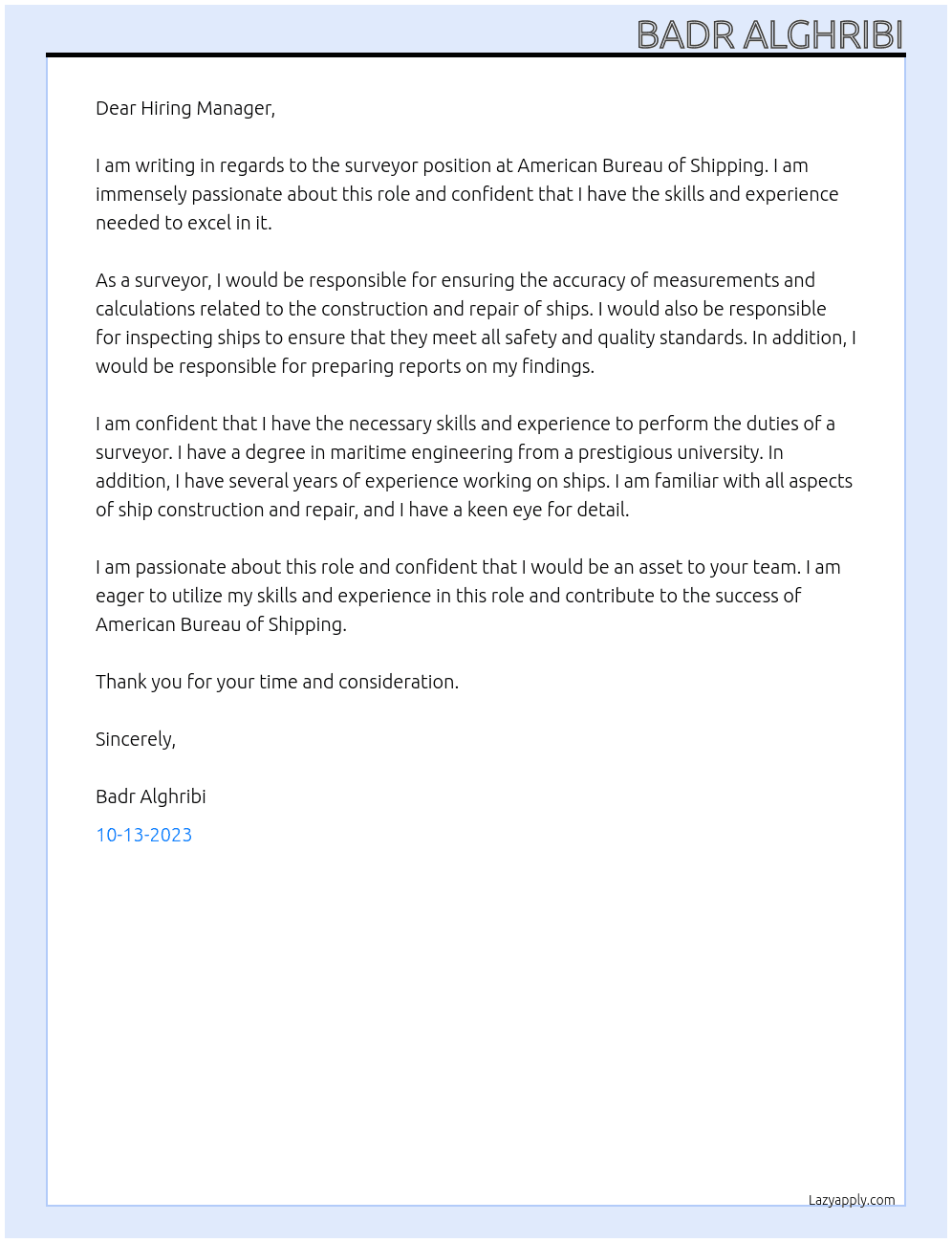 surveyor At American Bureau of Shipping Cover Letter