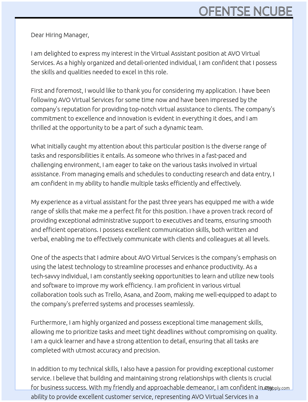 Virtual assistant  At AVO Virtual Services  Cover Letter
