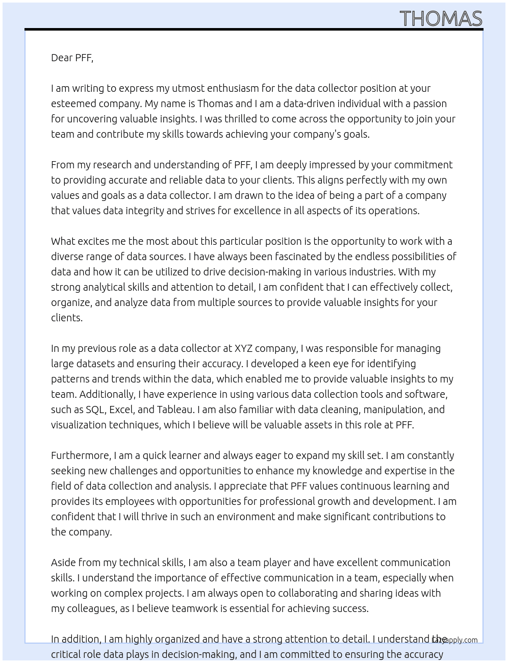 data collector At PFF Cover Letter