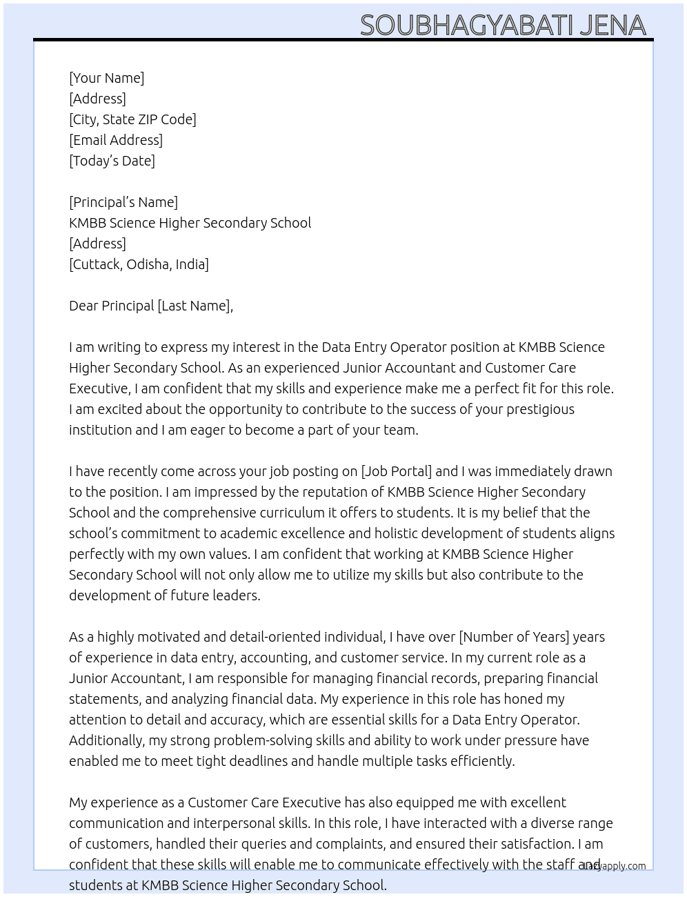 Data entry operator  At KMBB Science Higher Secondary School  Cover Letter