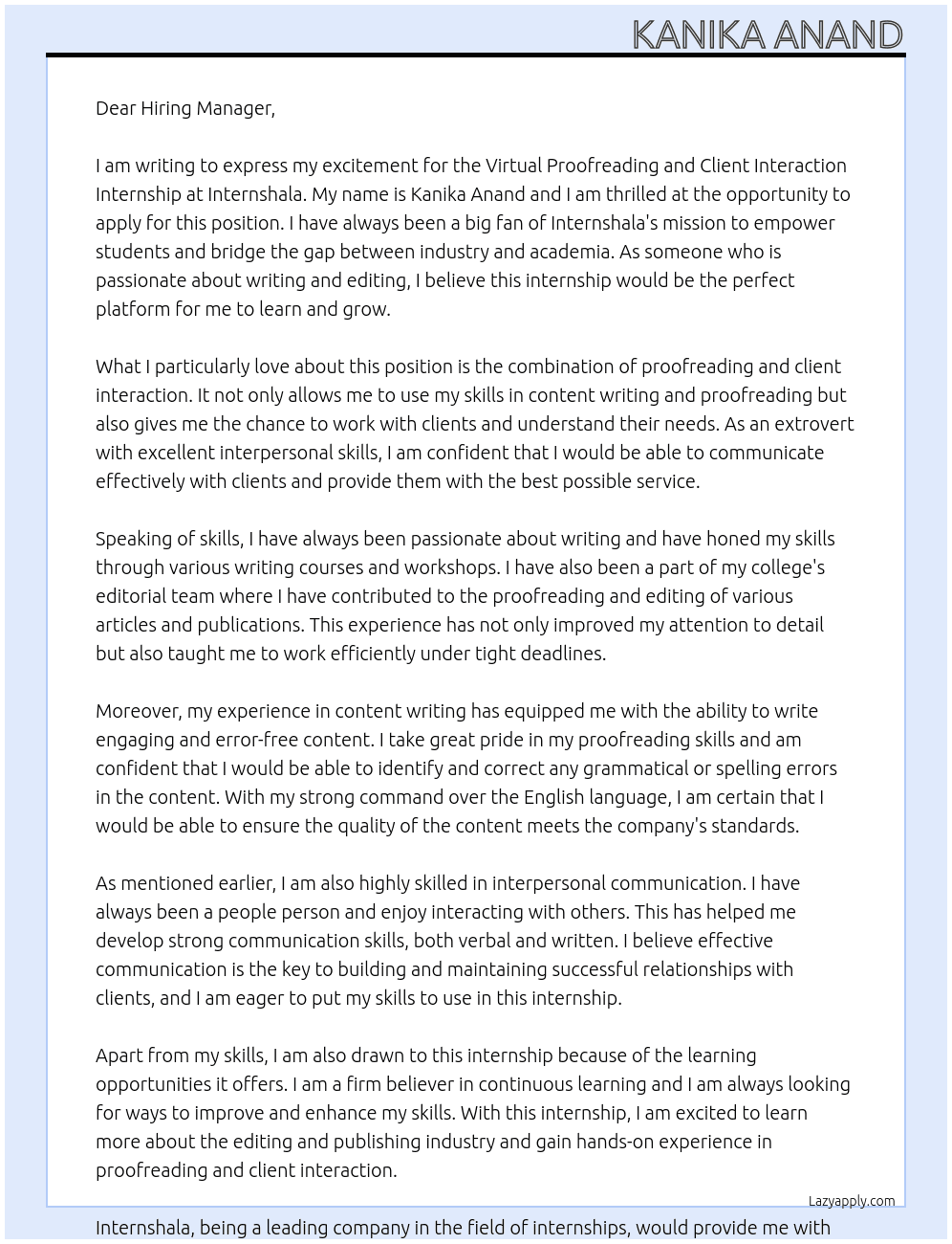 Virtual Proofreading And Client Interaction internship At Internshala Cover Letter
