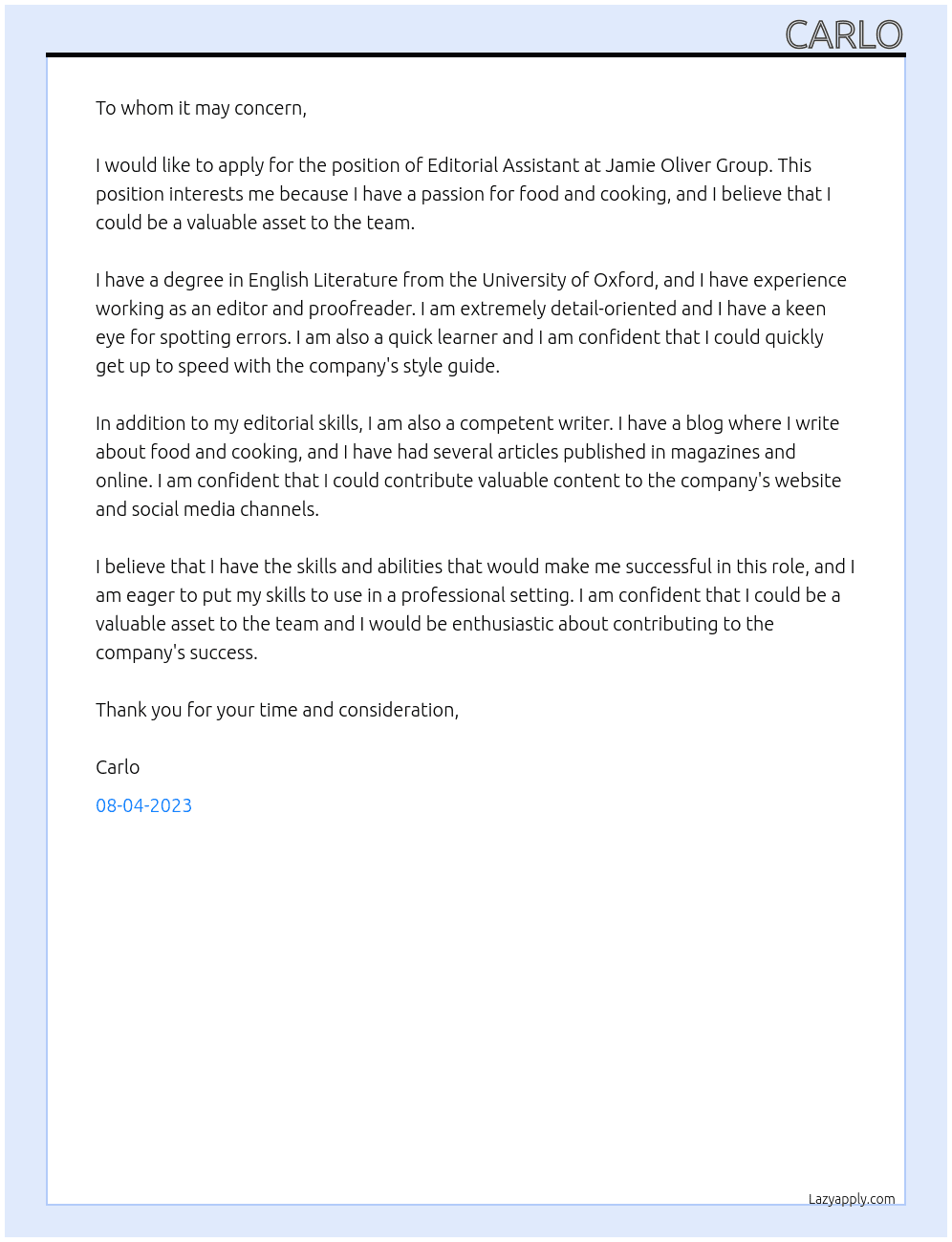 Editorial Assistant At Jamie Oliver Group Cover Letter