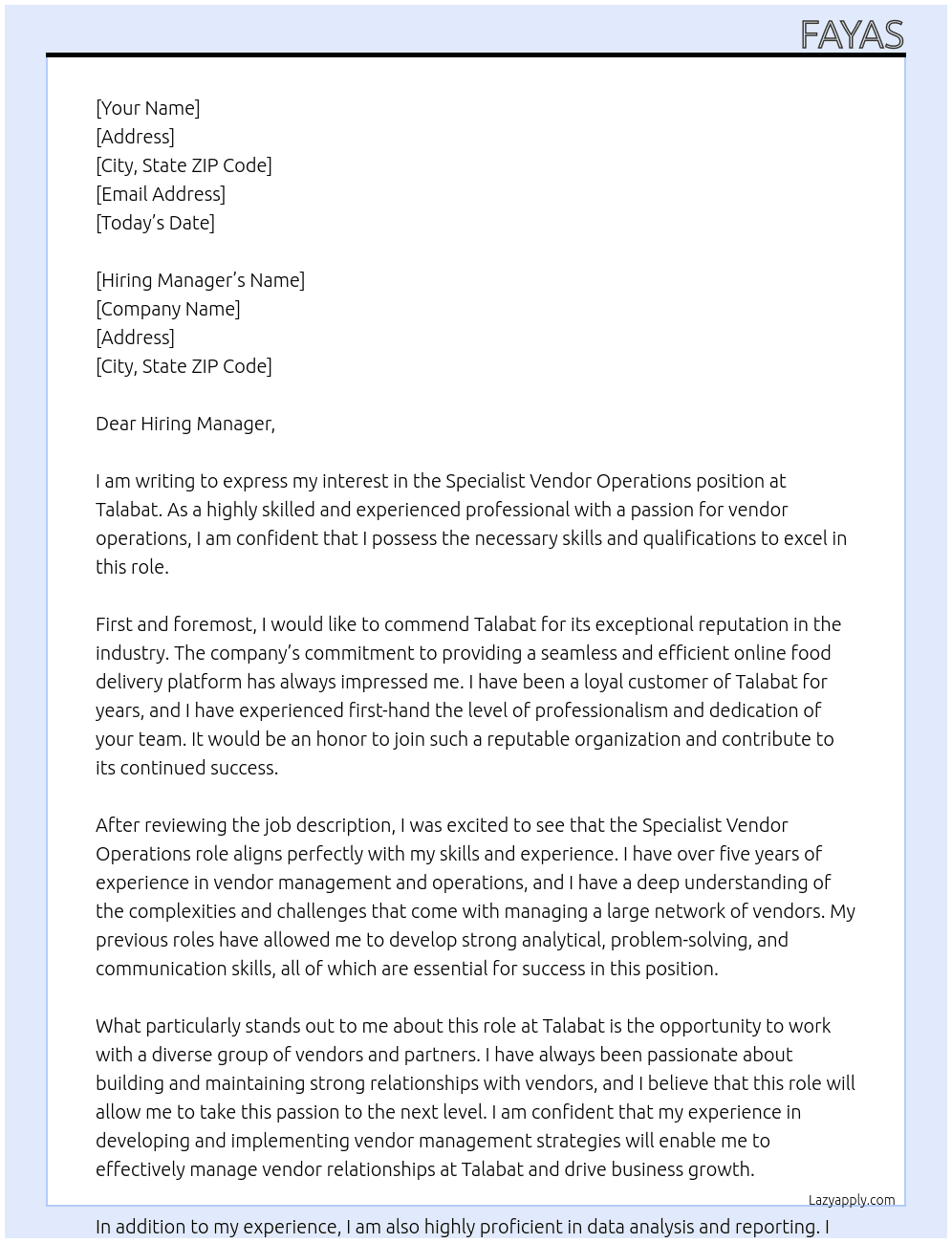 Specialist vendor operations  At Talabat Cover Letter