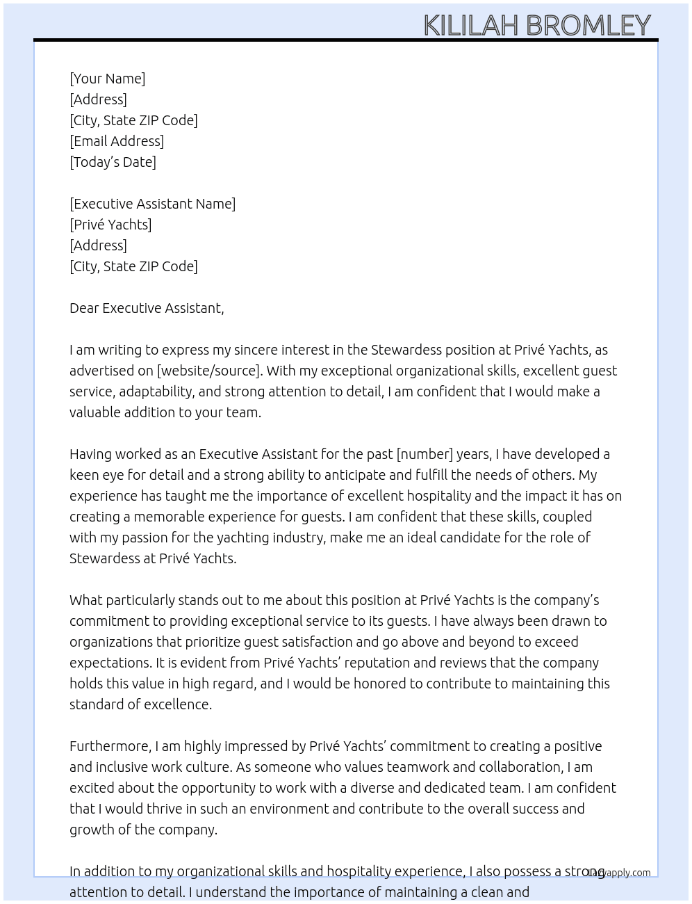 Stewardess  At Privé Yachts  Cover Letter
