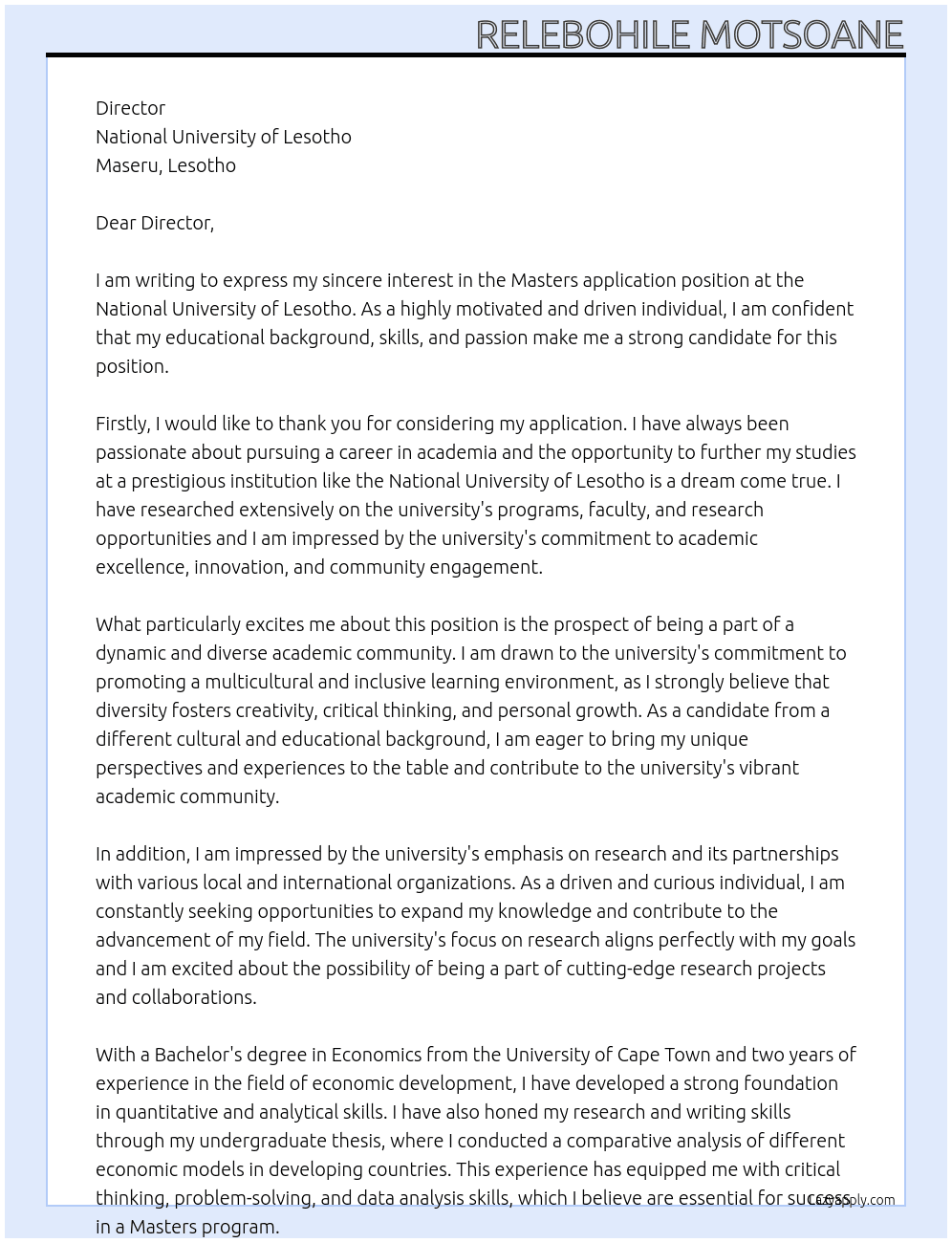 Masters application  At National University of Lesotho  Cover Letter