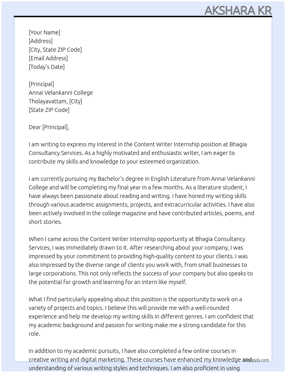 Content Writer Internship  At Bhagia Consultancy Services  Cover Letter