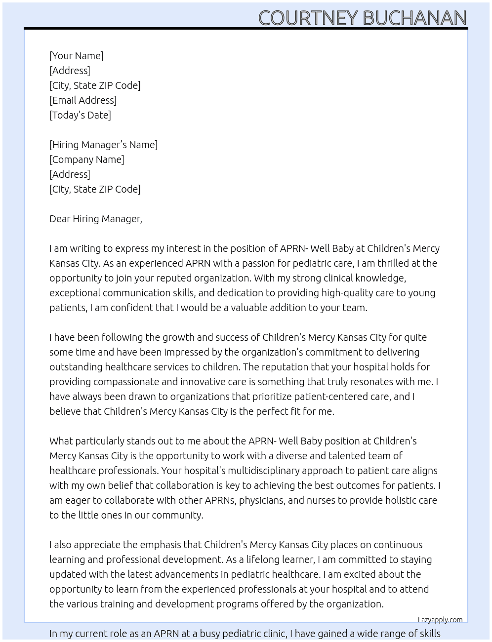 APRN- Well Baby At Children's Mercy Kansas City Cover Letter