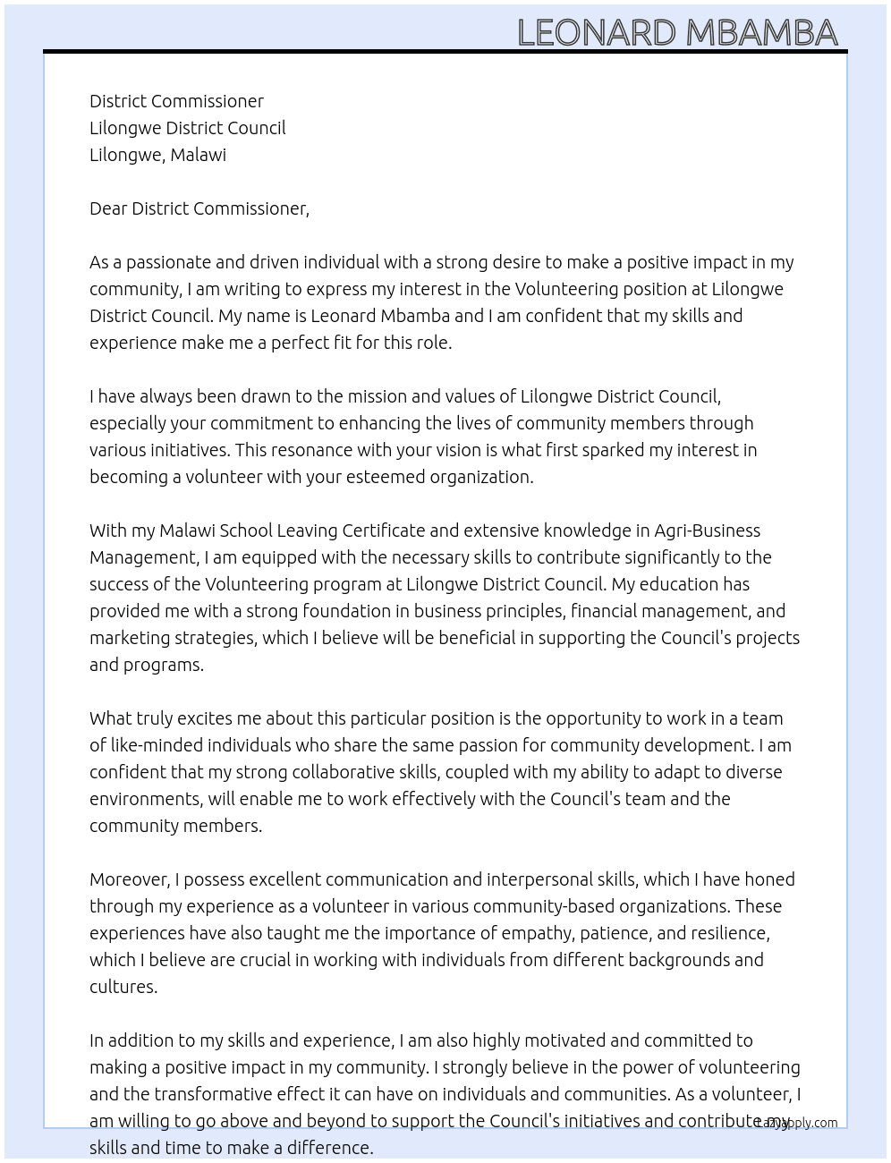 Volunteering  At Lilongwe District Council Cover Letter