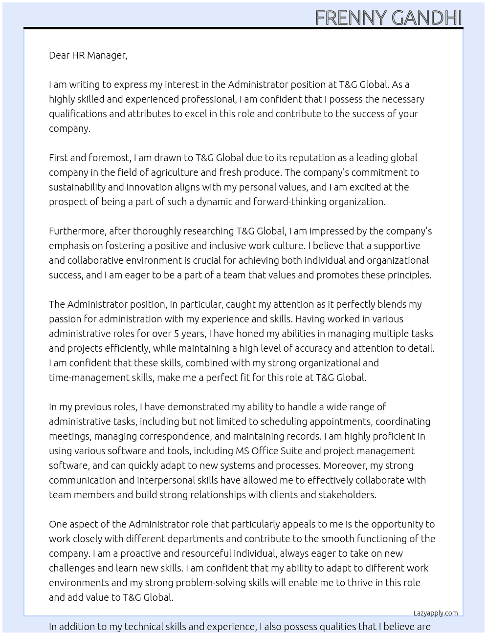 Administrator At T&G Global Cover Letter