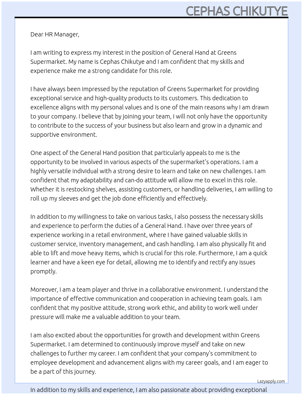 General Hand At Greens Supermarket  Cover Letter