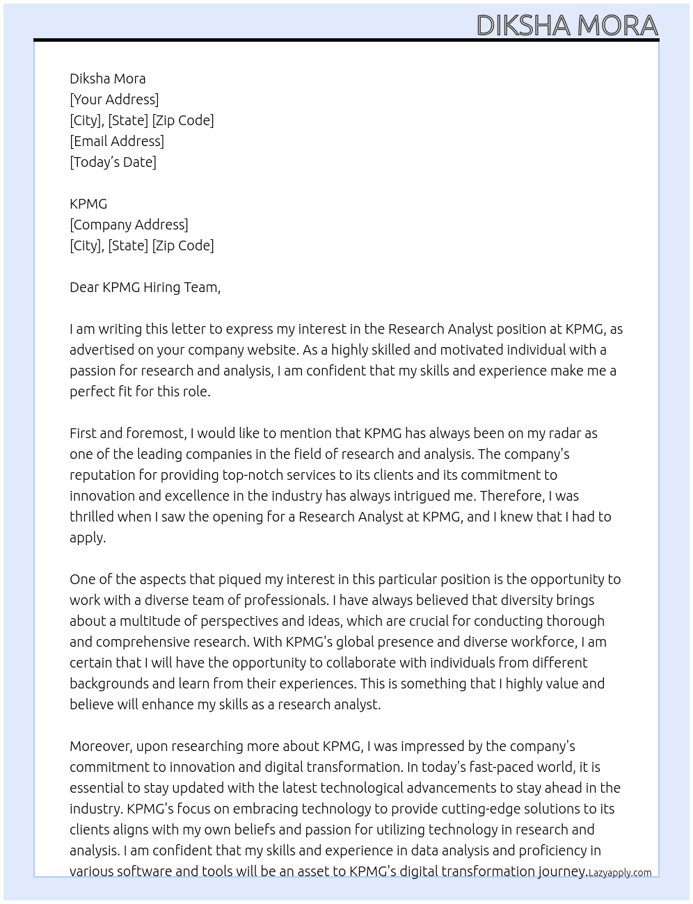 research analyst At kpmg Cover Letter