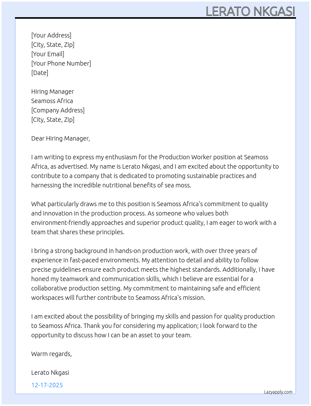 production worker seamoss africa At seamoss africa Cover Letter