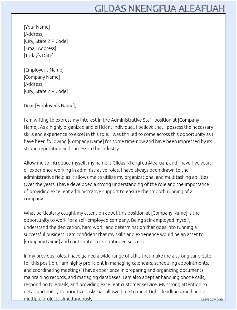 Administrative staff At self employed Cover Letter