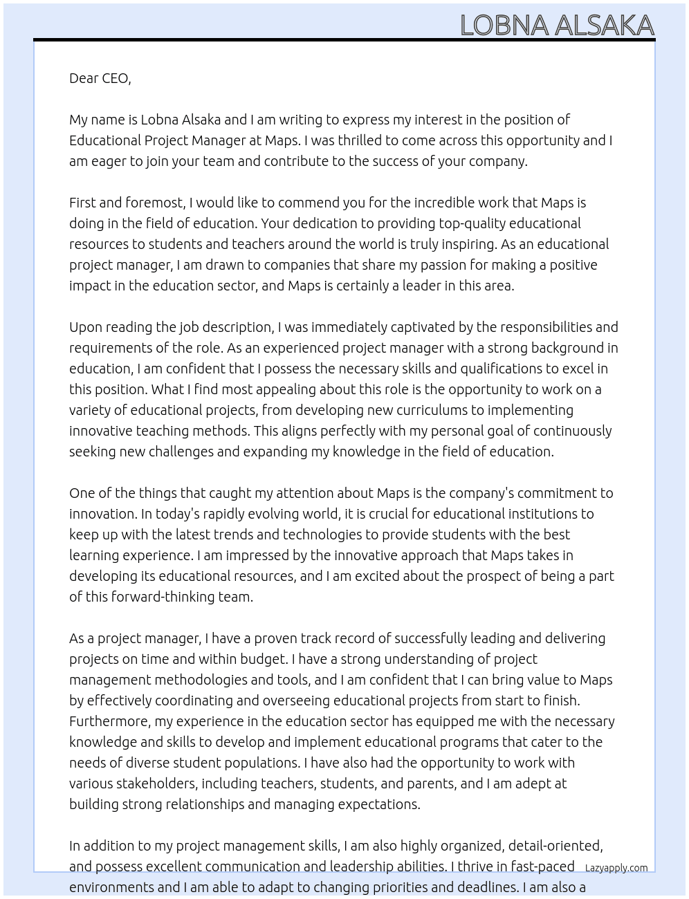 Educational project manager At Maps Cover Letter