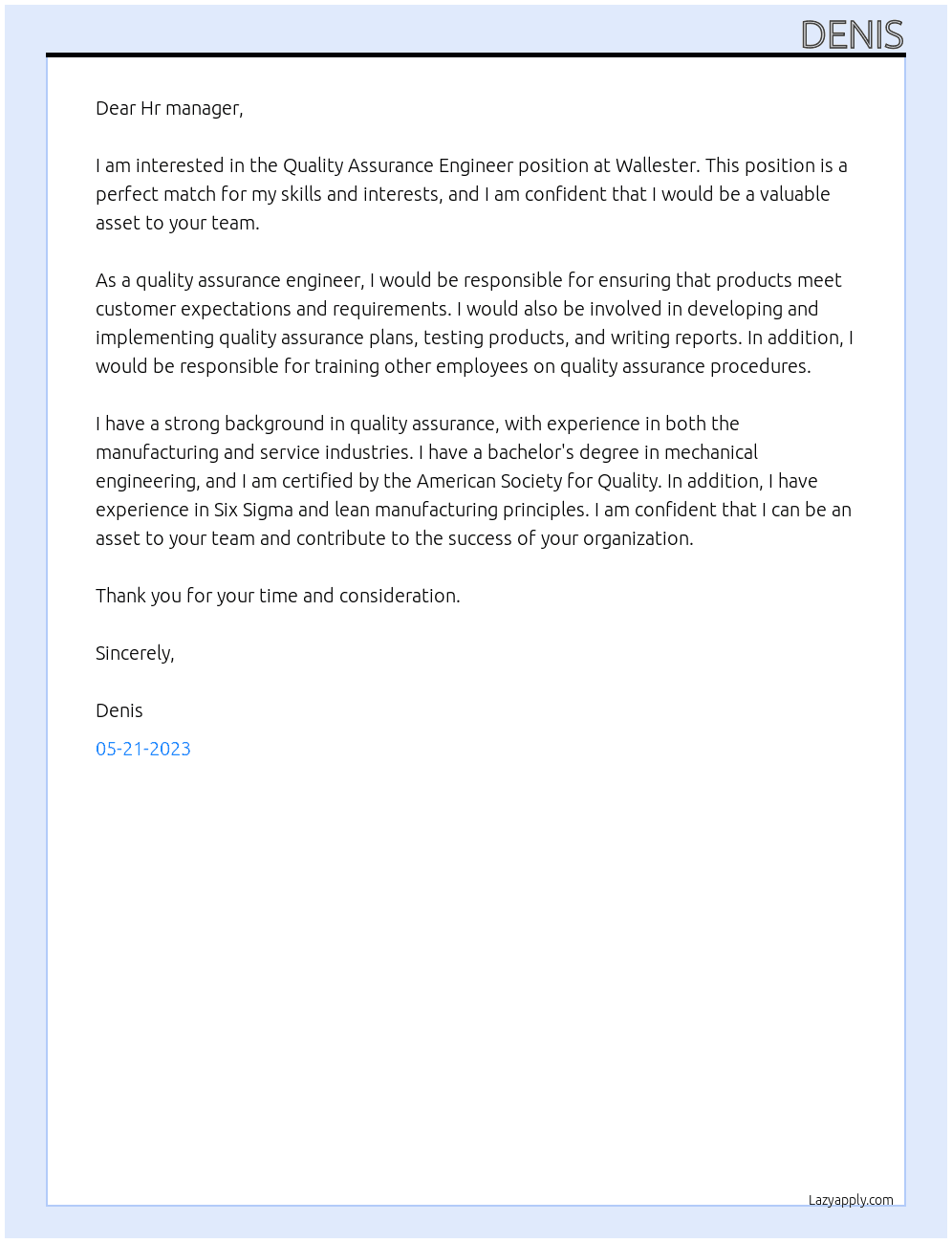 Quality Assurance Engineer  At Wallester  Cover Letter