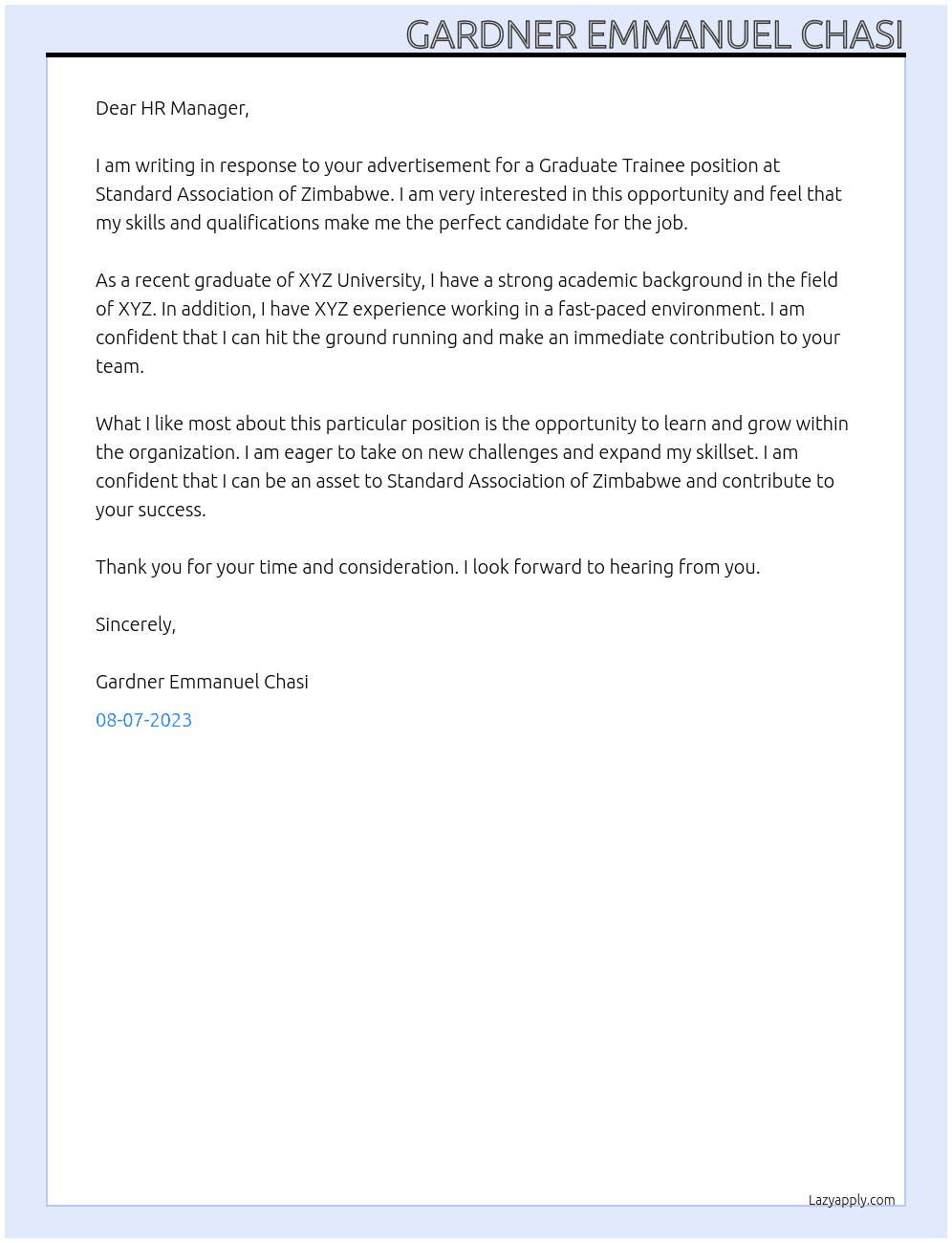 Graduate trainee At Standard Association of Zimbabwe Cover Letter
