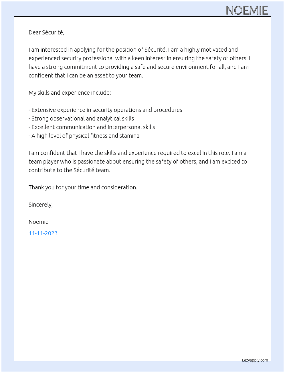 Sécurité  At Sécurité  Cover Letter
